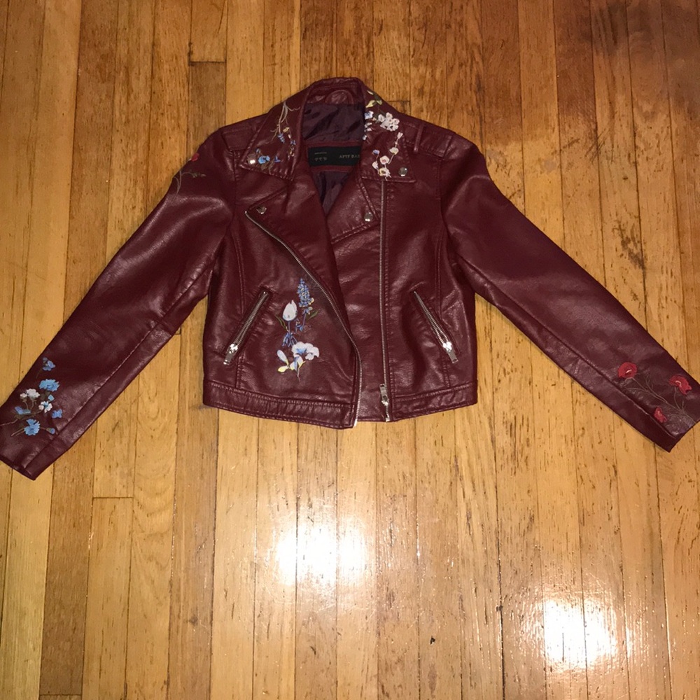 Red Leather Jacket with Floral Embroidery